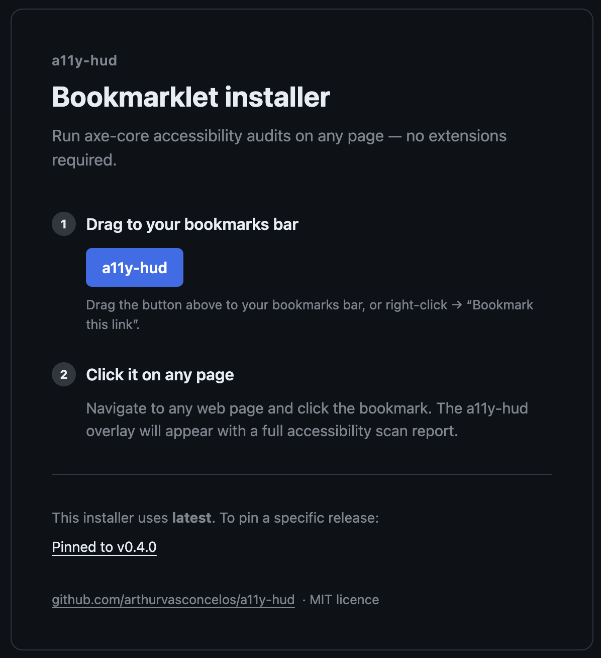 The bookmarklet installer page showing a drag-to-bookmark button and two-step instructions