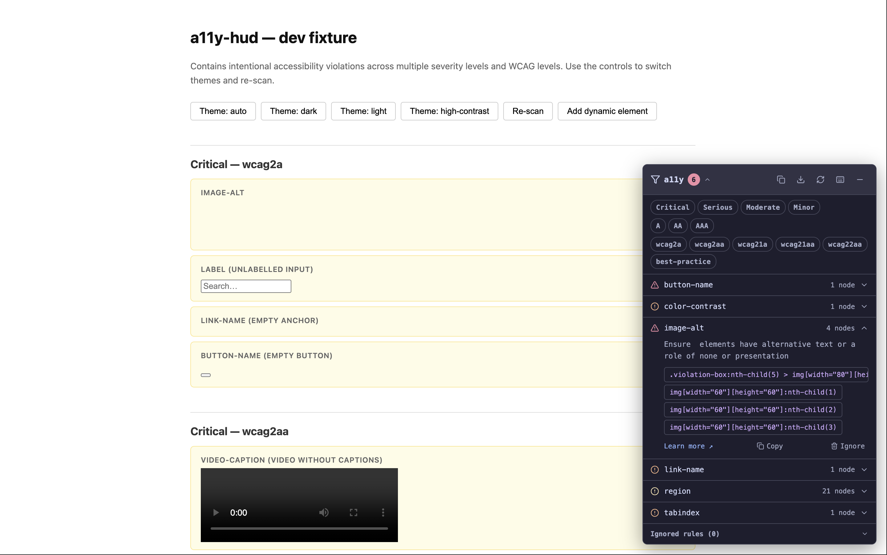 a11y-hud panel showing accessibility violations alongside a dev fixture page